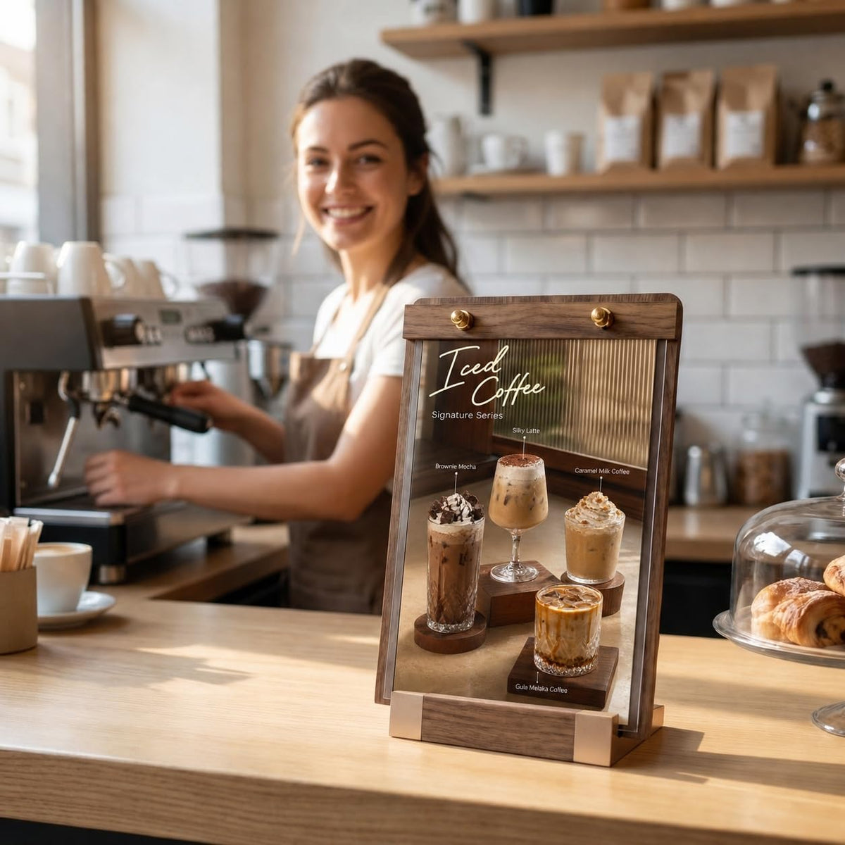 1 Pack Classy Sign Holder 8.5 x 11 with Slanted Wooden Base, Vertical Countertop Menu Display Stand for Coffee Shop, Bakery, Retail, Wedding 8.5x11, 1 Pack