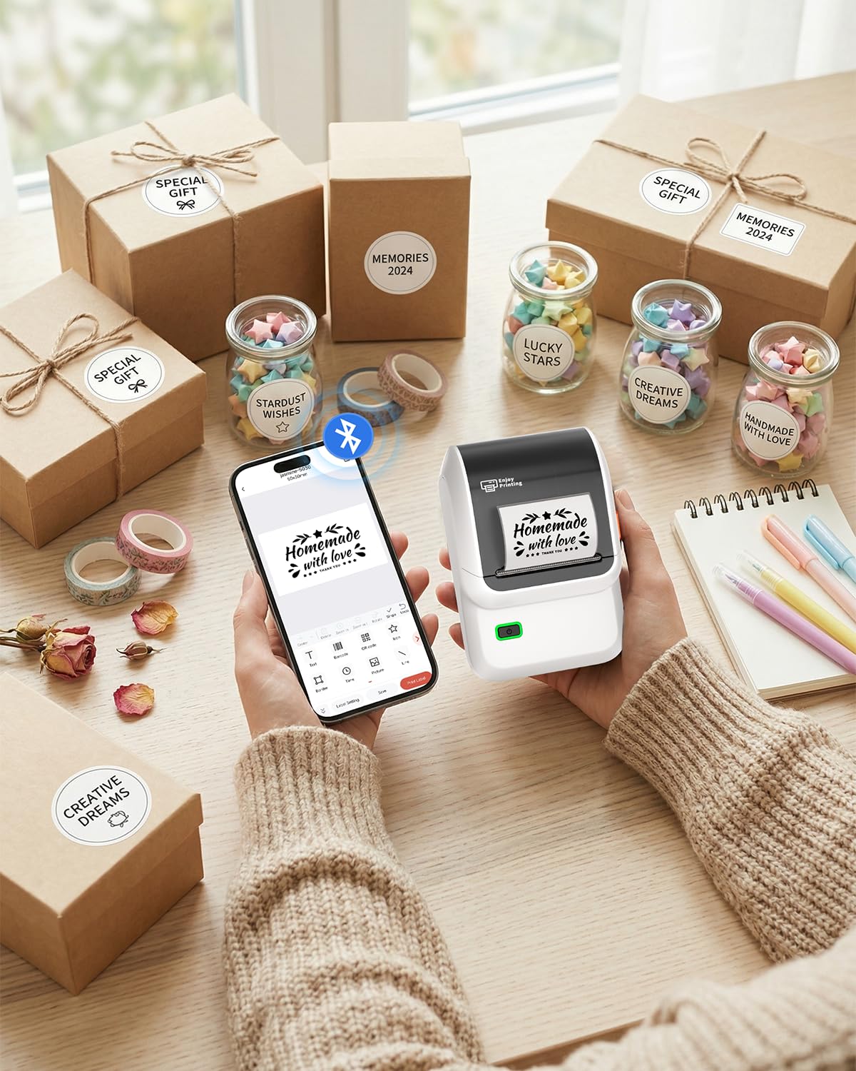Ponek Label Maker, M100 Address Label Printer, Versatile App with 4000 Icons and 300 Templates, Barcode Bluetooth Label Printer for Small Business, Home, Office, School Organization, White 1 Printer+1 Roll Labels