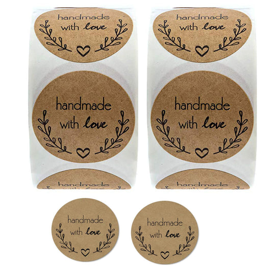 1000PCS Handmade with Love Stickers - 1 Inch Small Round Brown Floral Heart Baking Stickers for Baked Goods Packaging, Envelope Seals, Small Business, Wedding, Birthday Gift Wrap Handmade Love Floral