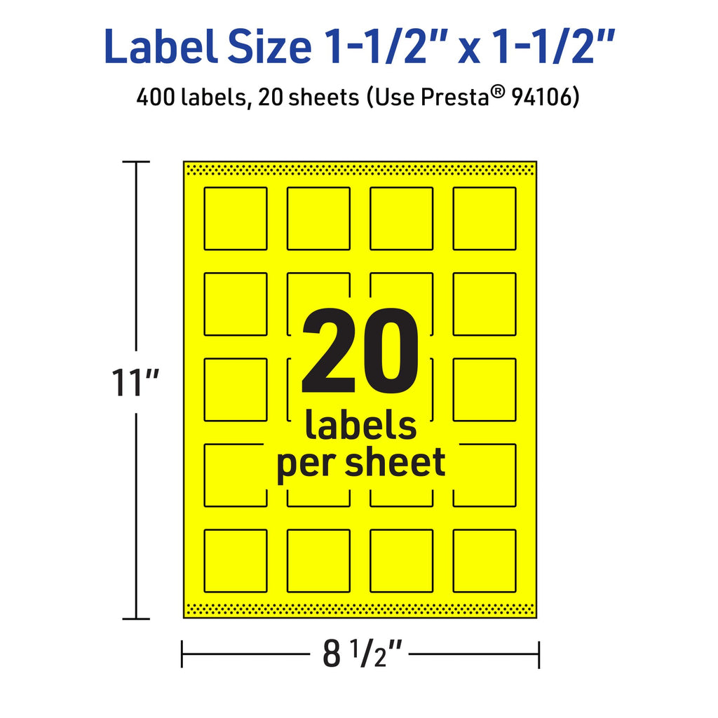 Avery Printable Square Labels, Sure Feed Technology, 1-1/2" x 1-1/2", Neon Yellow Labels, Print-to-The-Edge, Laser/Inkjet Printable, 400 Total, Great for Jars and More 400 labels