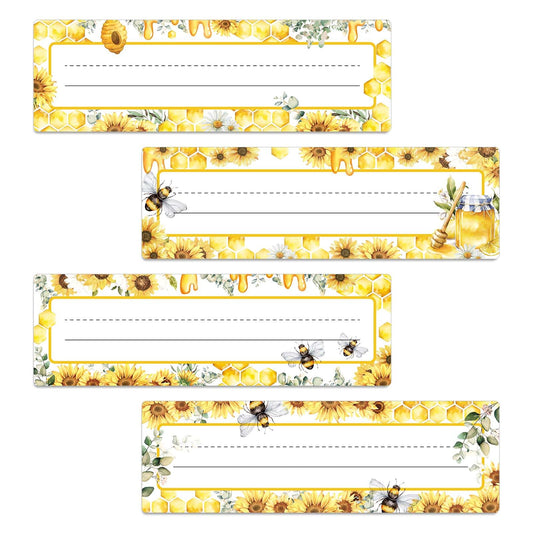 Whaline 80Pcs Bee Bumble Name Tag Stickers Watercolor Honey Sunflowers Lined Nameplate Stickers 4 Styles Self-Adhesive Name Label Decals for Students Desk Classroom School Office