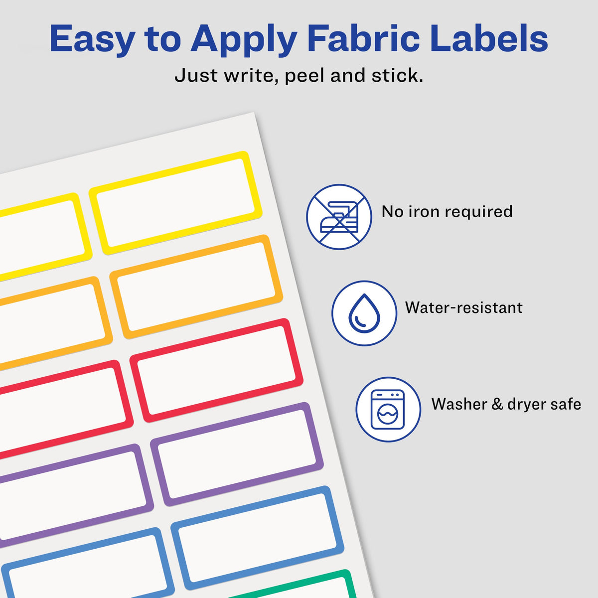 Avery No-Iron Fabric Name Labels, Rainbow Borders Preprinted Designs, Handwrite-Only, 24 Preprinted Labels (40706)