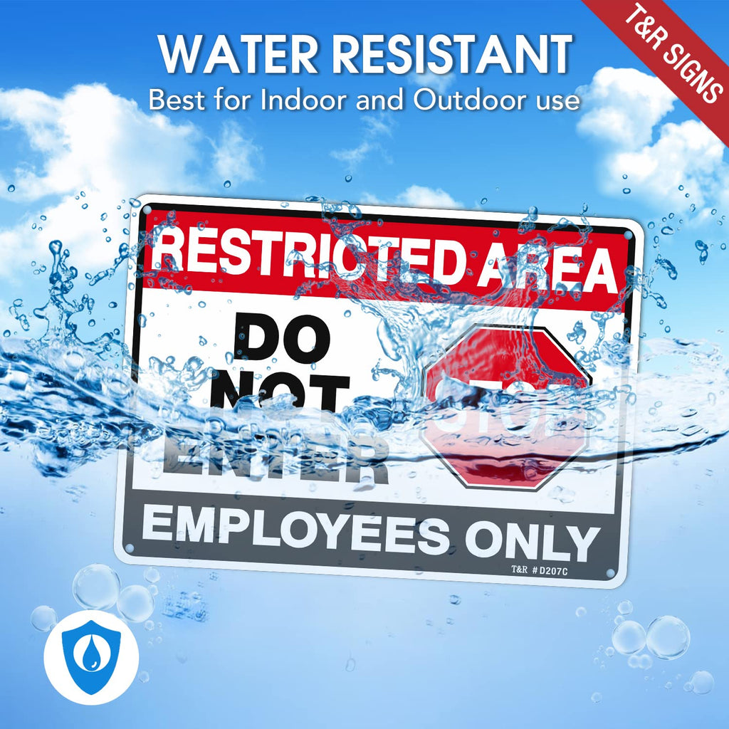 T&R Restricted Area Do Not Enter, Employees Only Sign - 4 Pack - 10 x 7 Inches Rust Free .040 Aluminum - UV Protected, Waterproof, Weatherproof and Fade Resistant - 4 Pre-drilled Holes Black & Red - 10" x 7" - 4 Pack