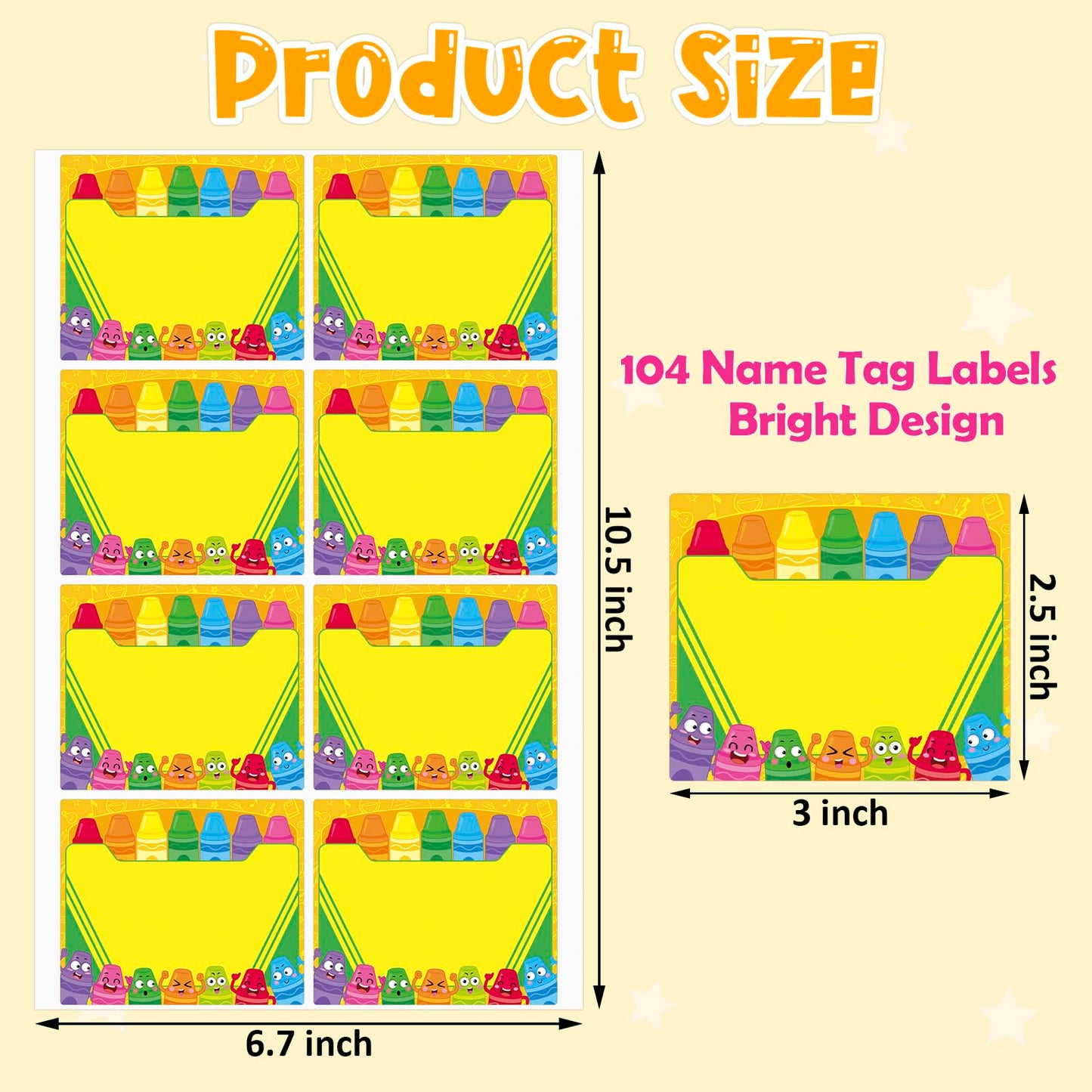 104 Pcs Cartoon Crayon Name Tag Stickers -3''x 2.5'' Colorful Self Adhesive Name Sticker Gift Tag Labels for Classroom Party Office Home Conferences (Crayon)