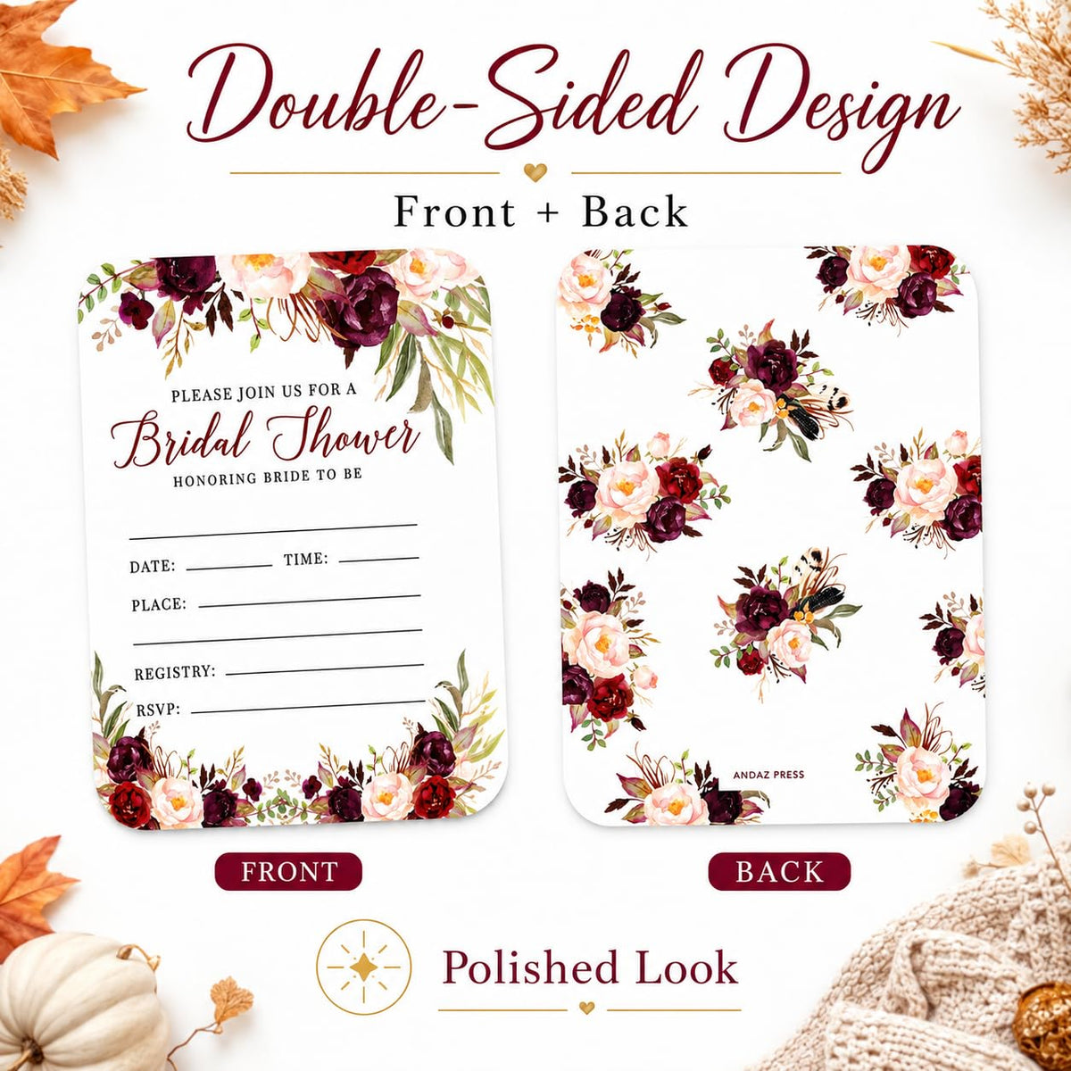 Andaz Press Fall Autumn Burgundy Maroon Floral Flowers, 5X7-Inch Fill in The Blank Bridal Shower Invitations with Envelopes, 24-Pack, Includes Cards & Envelopes Fall Bridal Shower Invitations