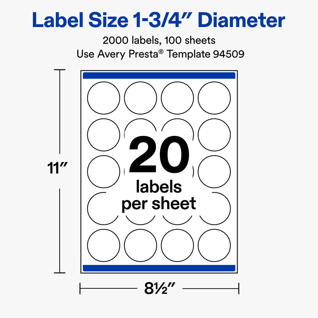 Avery® Matte White Round Labels, 1.75" Diameter, 2000 Total 2,000 labels
