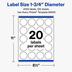 Avery® Matte White Round Labels, 1.75" Diameter, 2000 Total 2,000 labels