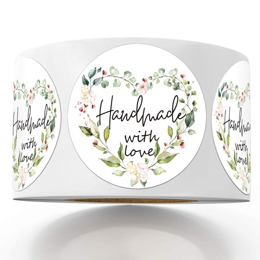 Greenery Handmade Labels, 1.4 In Round, 500 Adhesive Labels per Roll, Handmade Packaging