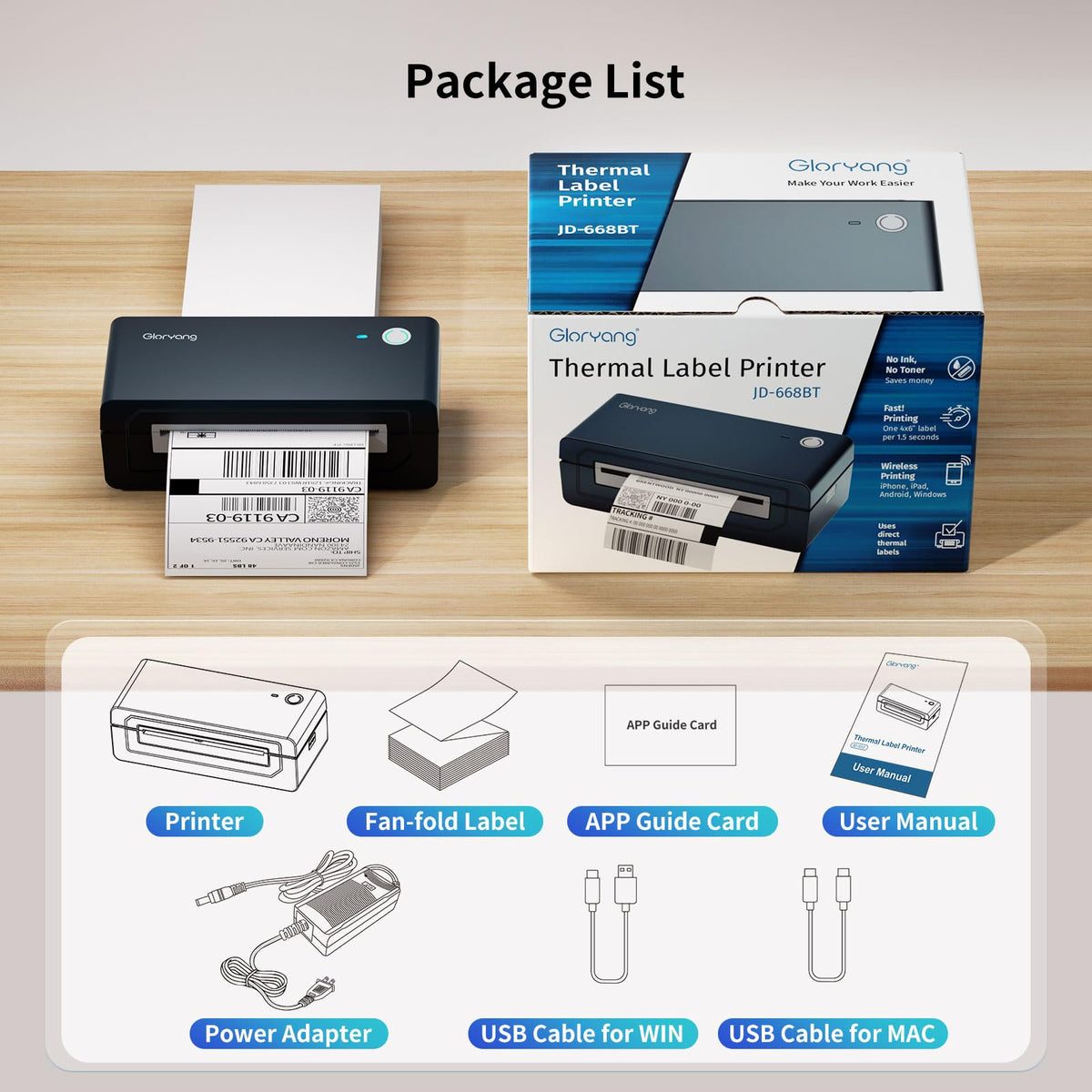 Gloryang Bluetooth Thermal Shipping Label Printer, 4X6 Inkless Label Machine for iOS, Android, Laptop, Wireless Printer for Small Business, Compatible with Amazon, UPS, Shopify, Black