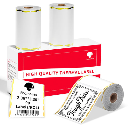 Phomemo Thermal Labels-Gold Wavy Linear Border, Compatibility with M220/M250/M221 Label Maker, 2.36"x3.39"(60x86mm),90 Labels/Roll, for Barcode/Address/Logo/Mailing/Business/Home Tag, 3 Rolls 2.36" x 3.39" Gold Wavy Border