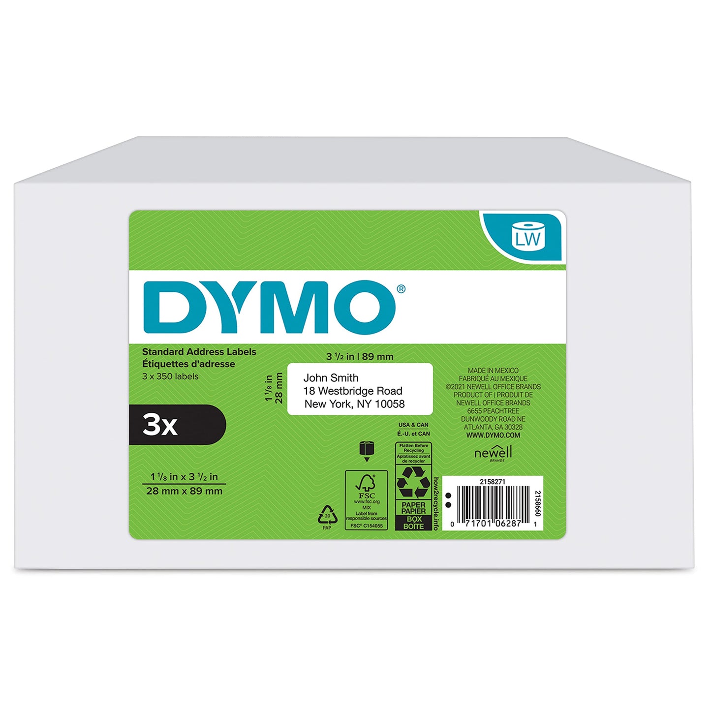 DYMO Authentic LW Mailing Address Labels for LabelWriter Label Printers, (1-1/8" x 3-1/2"), 3 Rolls of 350 (1050 Total) Address label