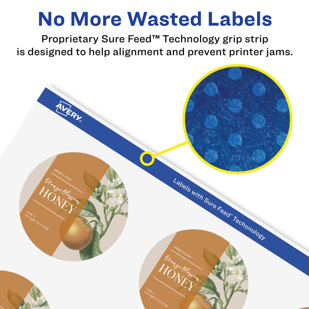 Avery Printable Durable White Round Labels, Sure Feed Technology, 2.5" Diameter, Print-to-the-Edge, Waterproof Labels, Laser & Pigment-Based Inkjet Compatible, 90 Total 2-1/2" Diameter 90 Count (10 Packs of 9)