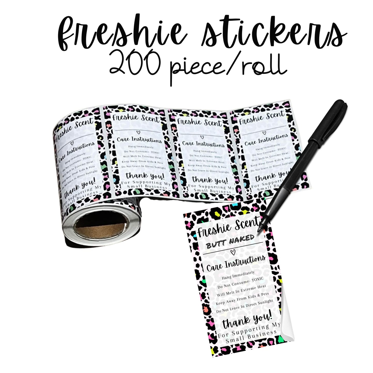 Freshie Warning Care Instruction Card Stickers | 200 Sticker Roll | 2x3.5” Write in Your Scent Line Rainbow Leopard Pink for Scented Bead Molds Aroma Oil Freshie Silicone It’s Getting Hot Labels
