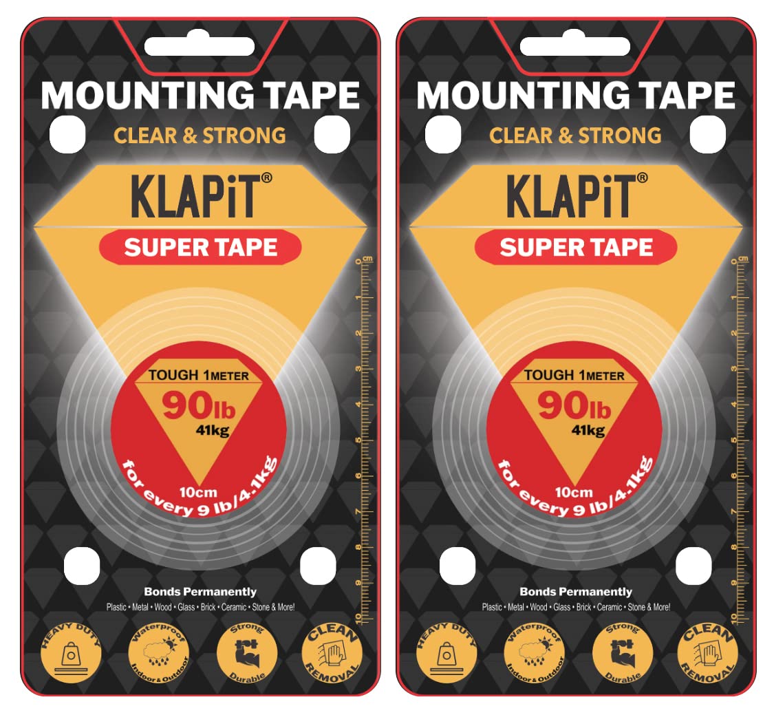 KLAPiT Super Tape Clear Double Sided Heavy Duty Adhesive 40in Enhanced Nano Technology Waterproof Mounting Tape Holds 90 lbs 2.28lb per Inch 2 Packs