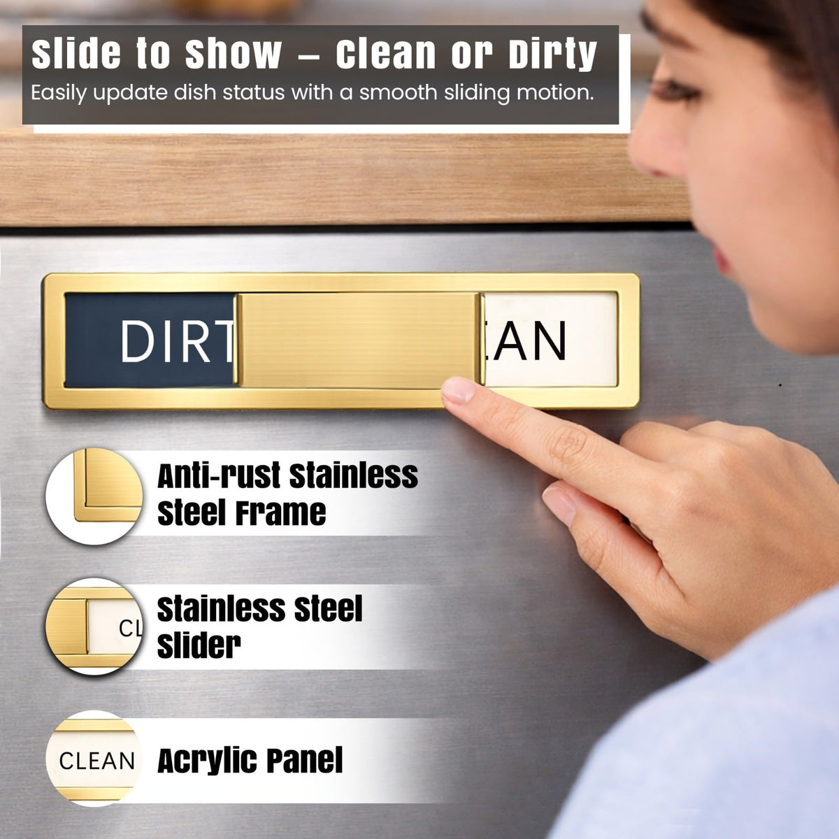 Premium Stainless Steel Clean Dirty Magnet for Dishwasher - Universal Dishwasher Clean Dirty Magnet for All Kitchen Appliances | Smooth Glide & Anti-Rust Frame (7 x 1.6 Inches) (Gold) Gold