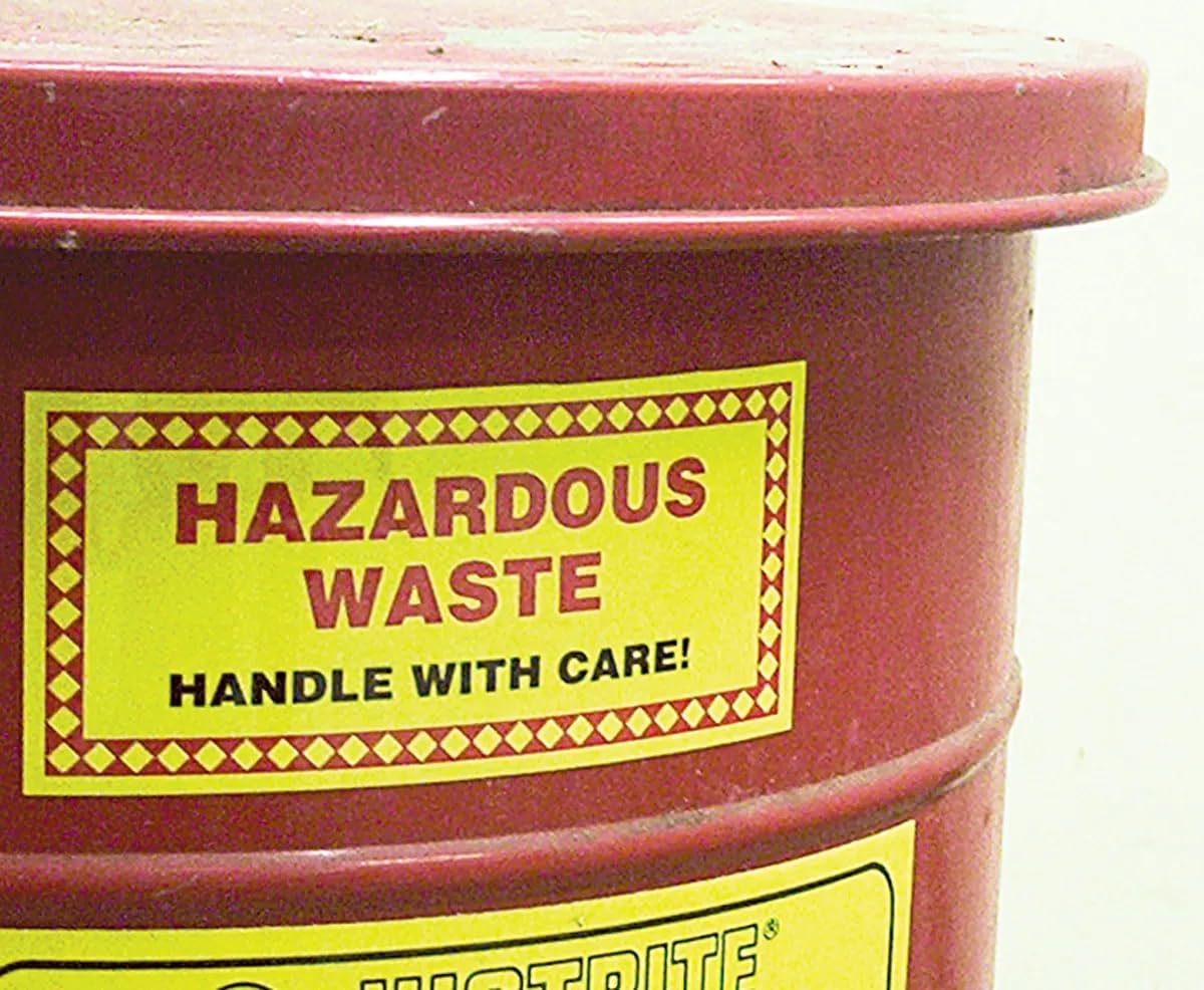 Accuform hazardous waste label 6x6 inches with red, black, yellow colors, adhesive vinyl, for proper waste disposal signage.