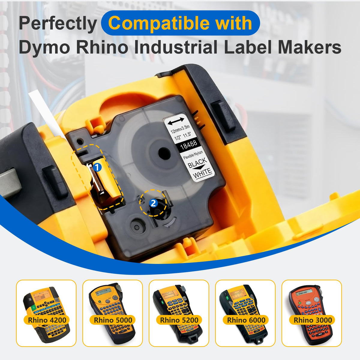 4 Pack Compatible with Dymo 18488 Rhino Industrial Flexible Nylon Labels, A18488 1/2" Black Print on White Tape Work with Rhino Pro 4200 5200 5000 6000 3000 Label Maker, 1/2in x 11.5ft (12mm x 3.5m) Black on White Flexible Nylon Tape 4
