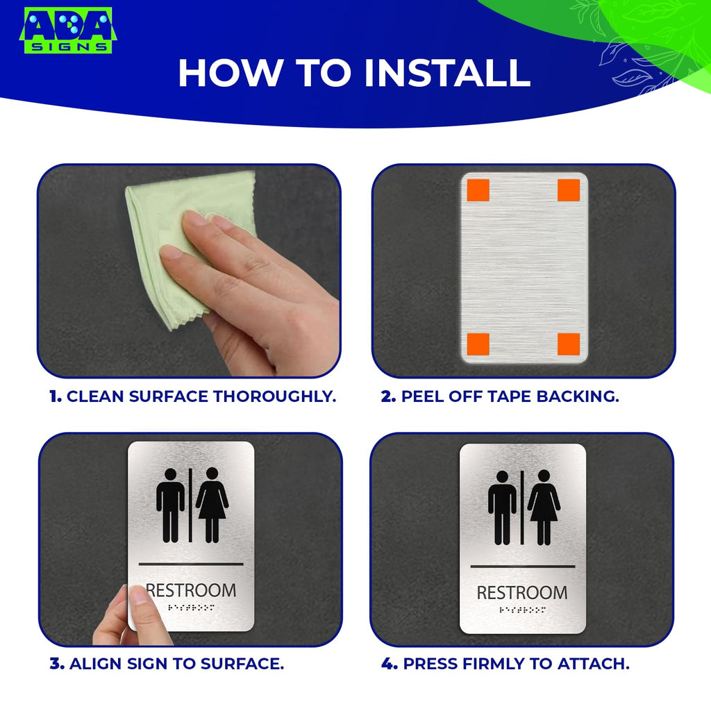 ADASigns Unisex Restroom Sign - 6x9" Brushed Aluminum Braille & Tape