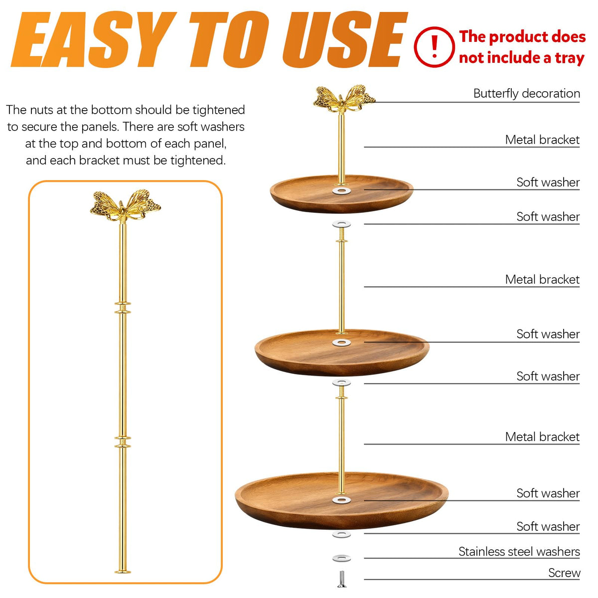 3 Sets of Zinc Alloy Cake Stand Hardware, Heavy Duty 3 Tiered Tray Hardware Kit, Butterfly Cake Plate Stand Handle Stacking Fittings Rod for Serving Dessert Cupcake Fruit Holder (Gold) Gold