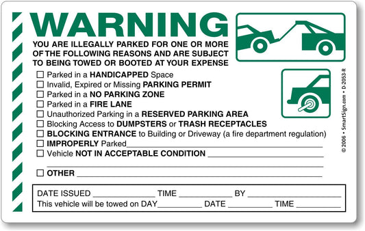 SmartSign 50-Pack 'Warning You are Illegally Parked' Sticker Labels with Permanent Adhesive, 5" x 8" Paper, Hard to Remove Write-On Tow Warning Parking Tickets, Green, Black/White Warning - Illegally Parked
