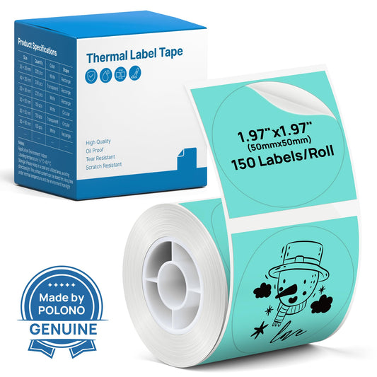 POLONO Thermal Labels for PM220S Label Maker, 1.97"x1.97" (50x50mm), Multi-Purpose Thermal Sticker Label Tape, Self-Adhesive Thermal Paper for Home, Office, 150 Labels/1Roll, Green