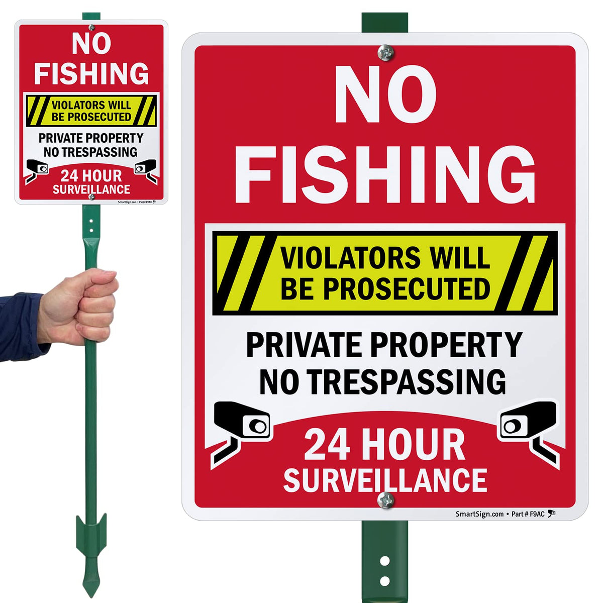 SmartSign 12" x 10" 'No Fishing Violators Prosecuted, Private Property, No Trespassing' Yard Sign with 3 ft Stake, 40 mil Aluminum 3M Laminated Engineer Grade Reflective, Set of 1 Reflective Aluminum Sign with 3' Stake