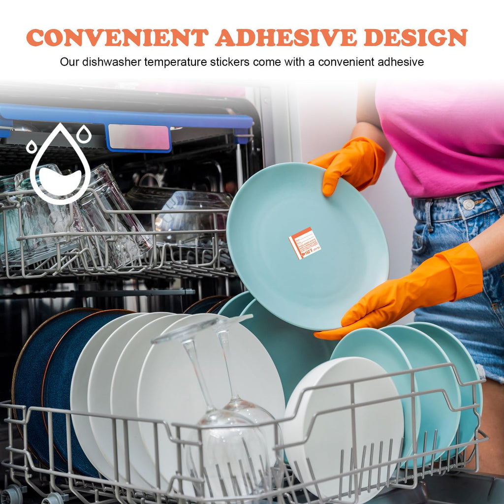 Relaxweex dishwasher temperature test strips in use, showing waterproof adhesive labels for 160°F heat verification in commercial or home dishwashers.