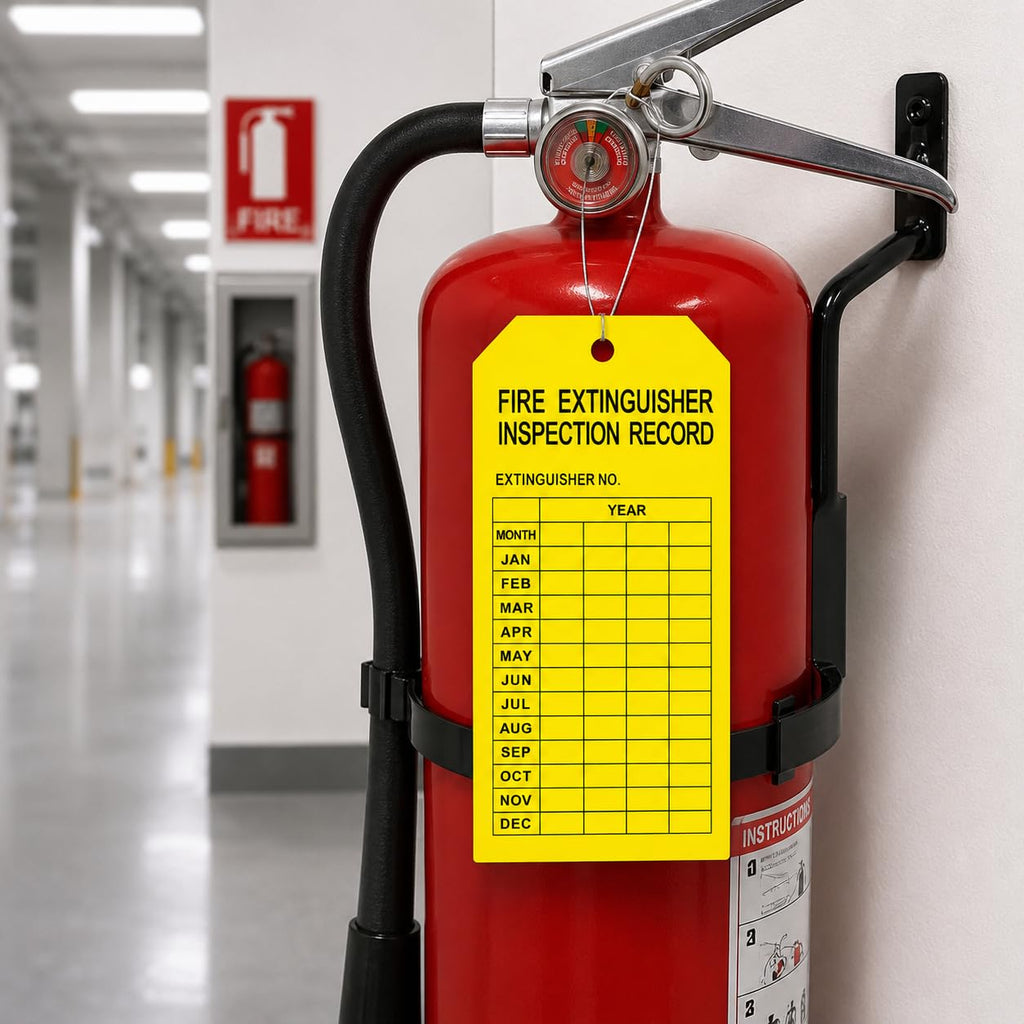 100 Pack Yellow Fire Extinguisher Monthly Inspection Tags Weatherproof PVC