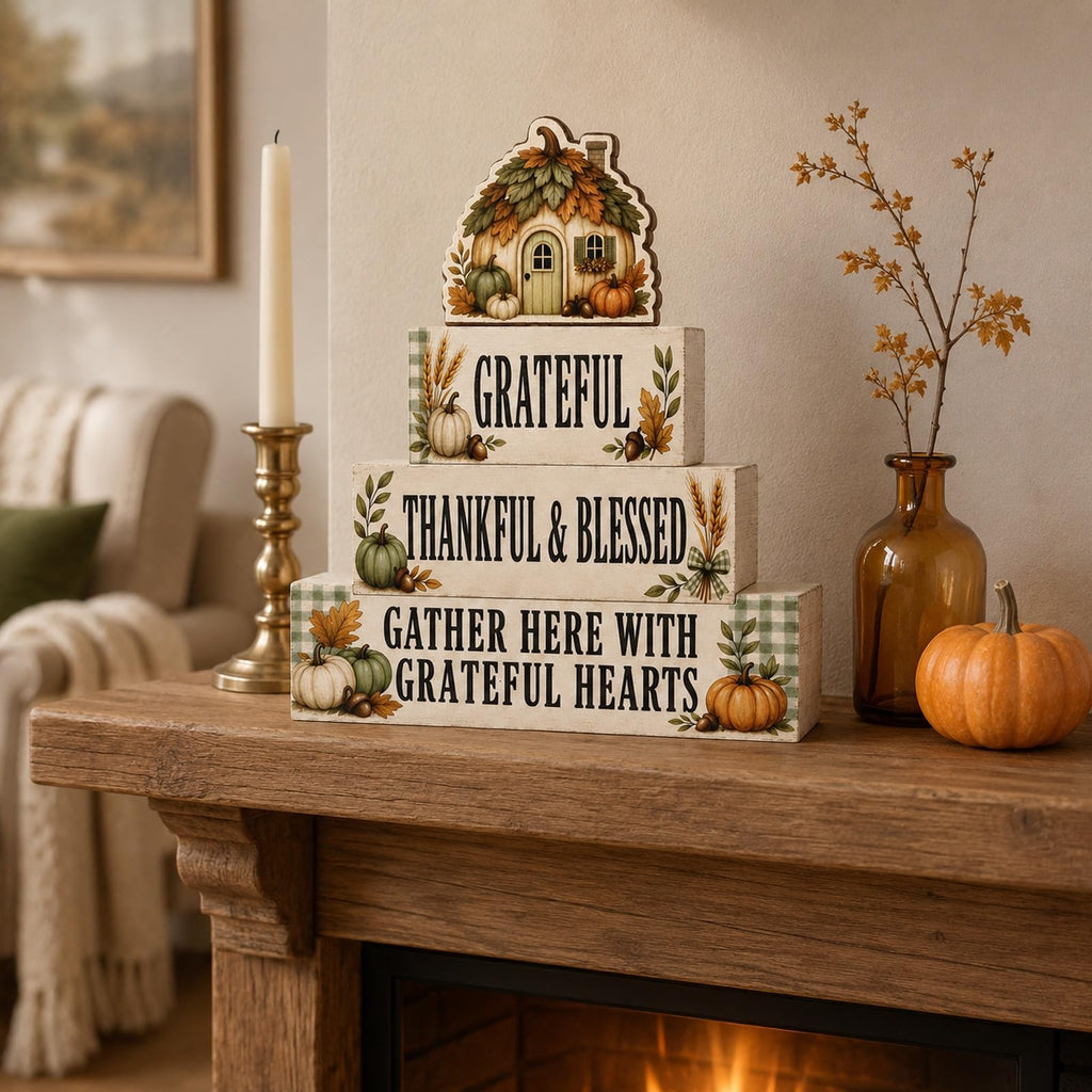 EXY 4 Pcs Pumpkin House Table Decor Fall Rustic Wooden Tiered Tray Decor Thanksgiving Pumpkin