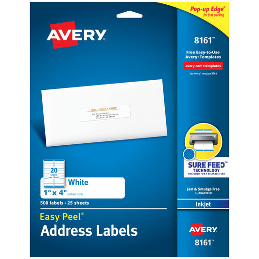 Avery Easy Peel Printable Address Labels with Sure Feed, 1" x 4", White, 500 Blank Mailing Labels (08161) 500 labels