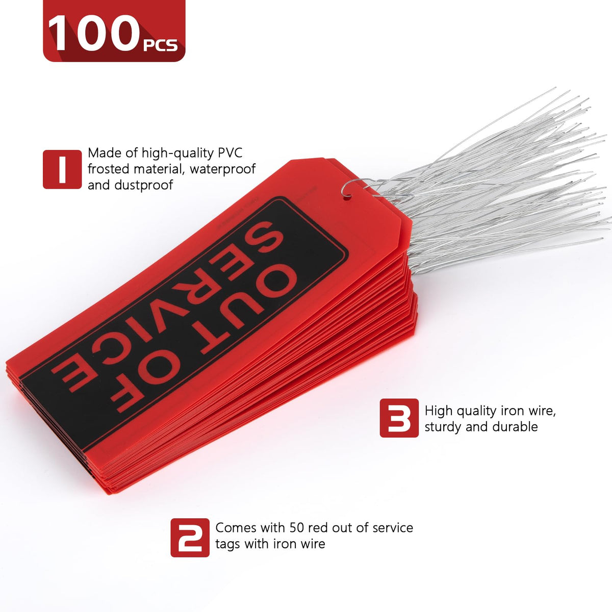 Out of Service Tags,100-pk Red Repair Tags with Wires Attached,Tear & Water Resistant PVC-Plastic,Maintenance Repair Tags,Weather Proof