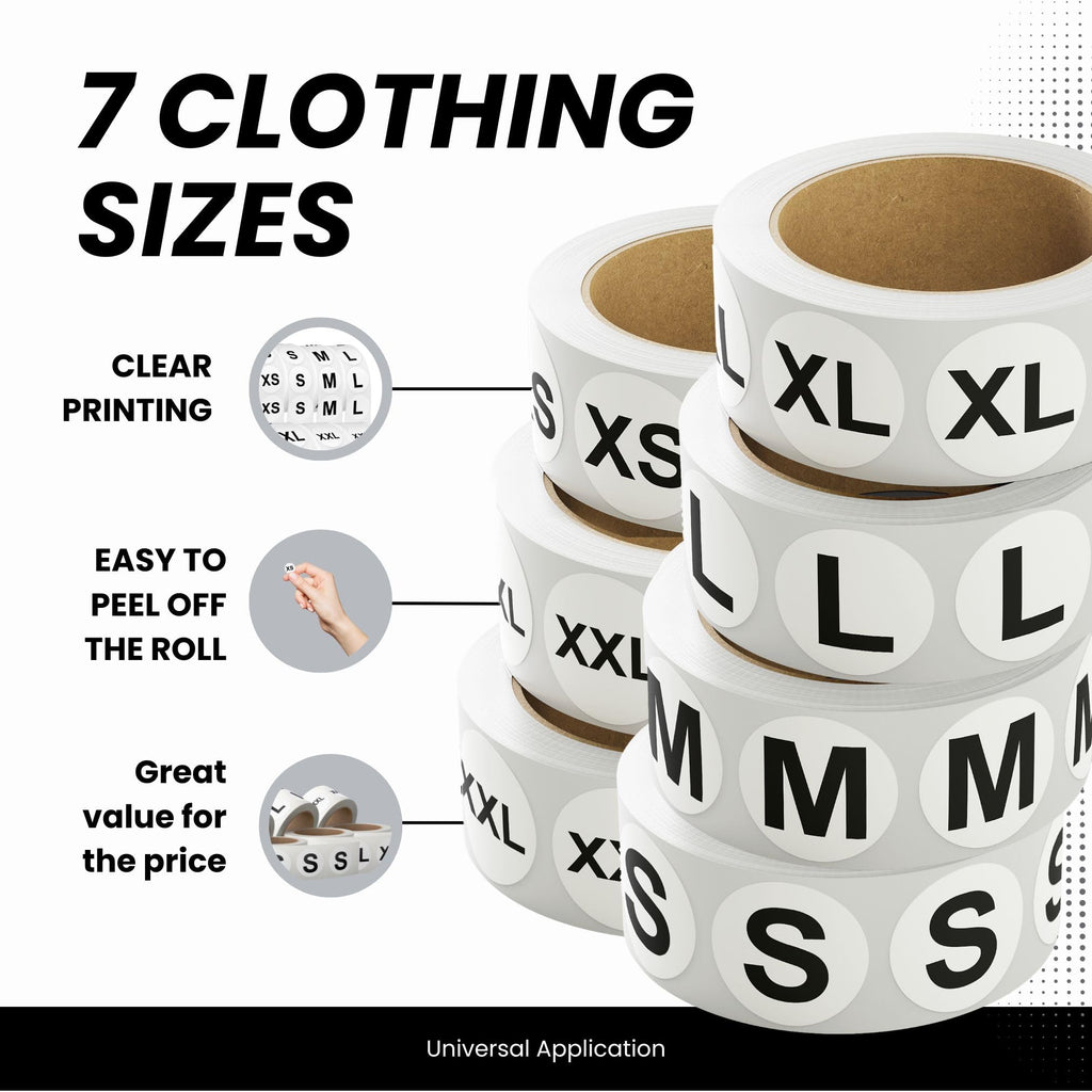 3,500 Pcs Clothing Size Stickers, 3/4 Inch Round Self-Adhesive Labels – 500 Per Roll, 7 Sizes (XS, S, M, L, XL, XXL, XXXL) – White Stickers with Black Text for Clothing and Retail Organization