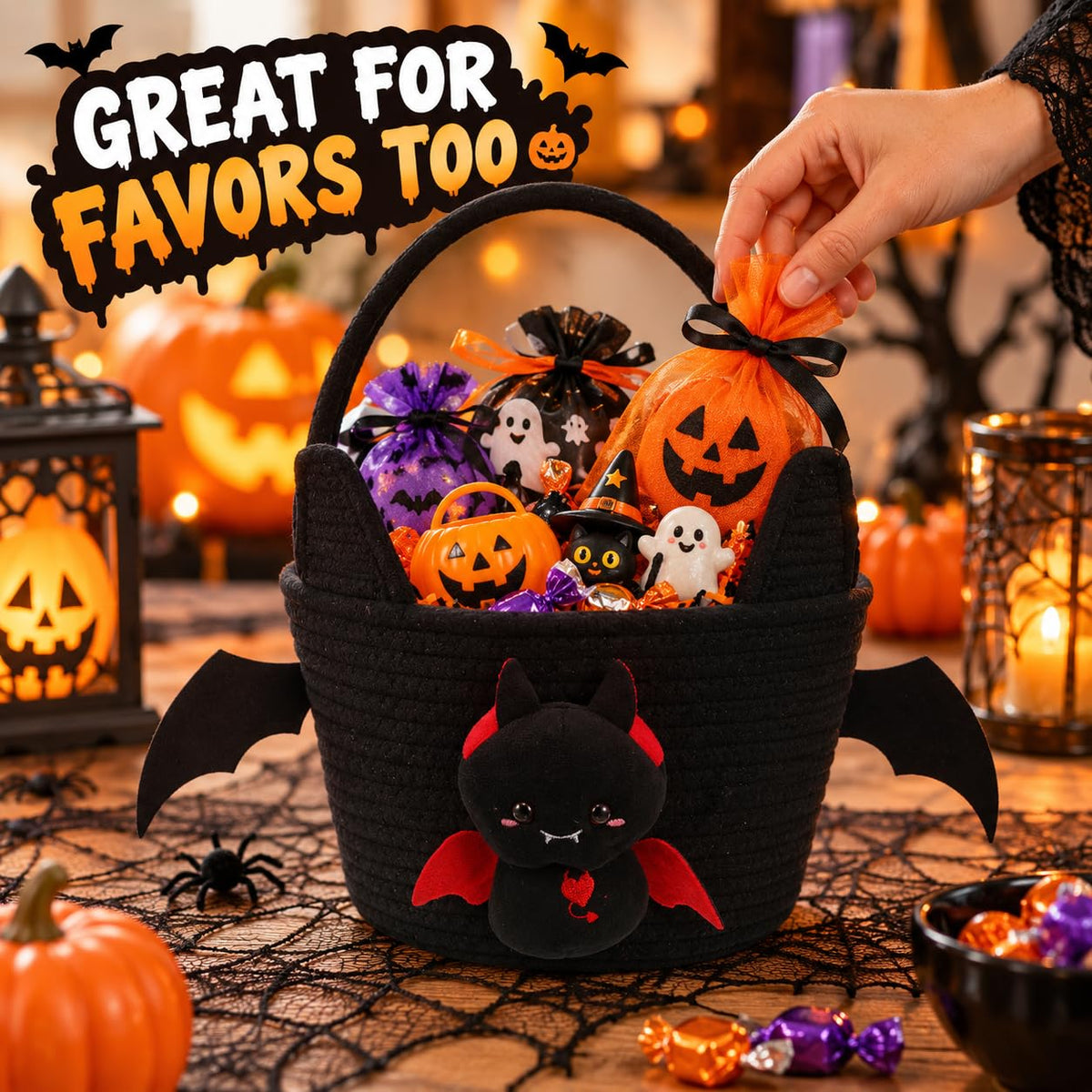 Operitacx Halloween Bat Candy Basket, Trick or Treat Bucket with Handle