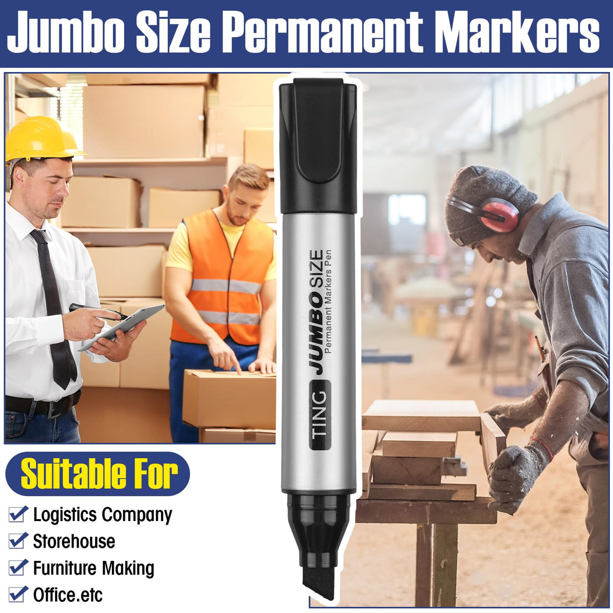 Fuutreo 10 Pack Jumbo Permanent Markers Chisel Tip Quick Dry Black