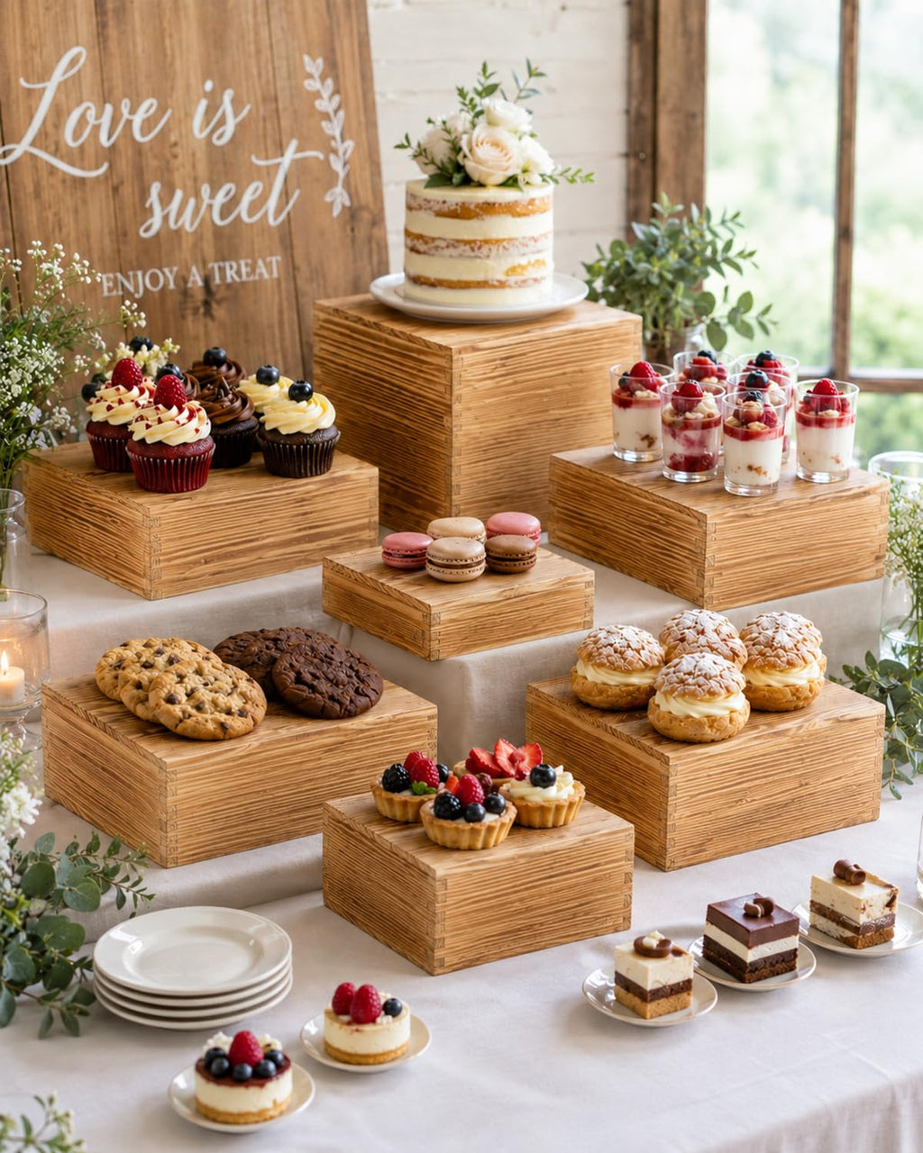 8 Pack Wooden Buffet Risers for Food Display, 8 Mini Sign