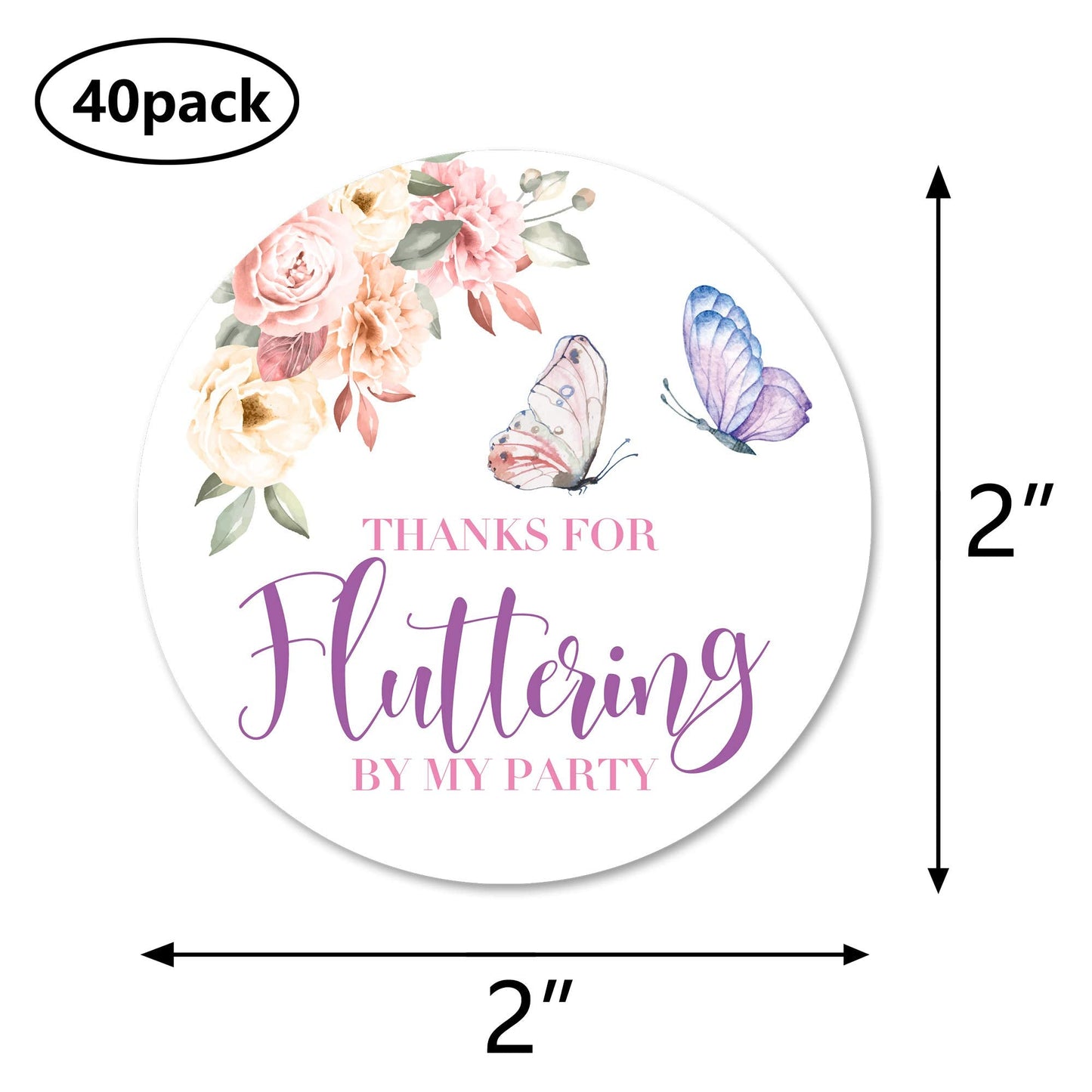 Floral Butterfly Thank You Stickers, 40 2 Inch Birthday Baby Shower Party Sticker Labels, Decorations