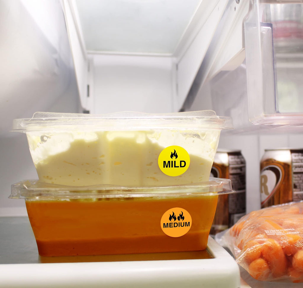 ChromaLabel 1-inch yellow color-coding food labels with mild hot dots, 1,000 per pack, for easy food identification and organization.