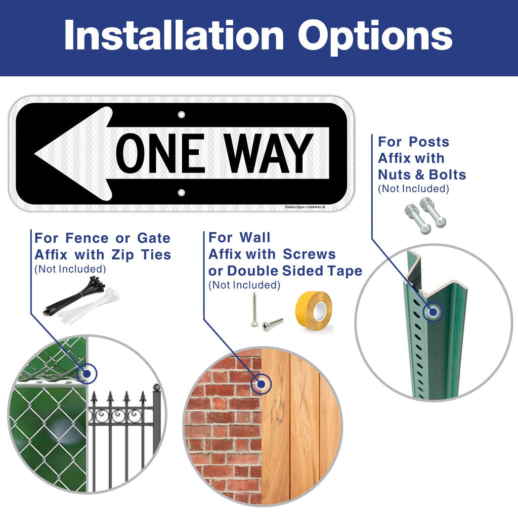 One Way Sign with Left Arrow, 18x6 Inches Engineer Grade Reflective Rust Free Aluminum,Weather/Fade Resistant,UV Protected,Easy to Mount,Indoor/Outdoor Use 1 Pack-One Way Sign with Left Arrow -White and black