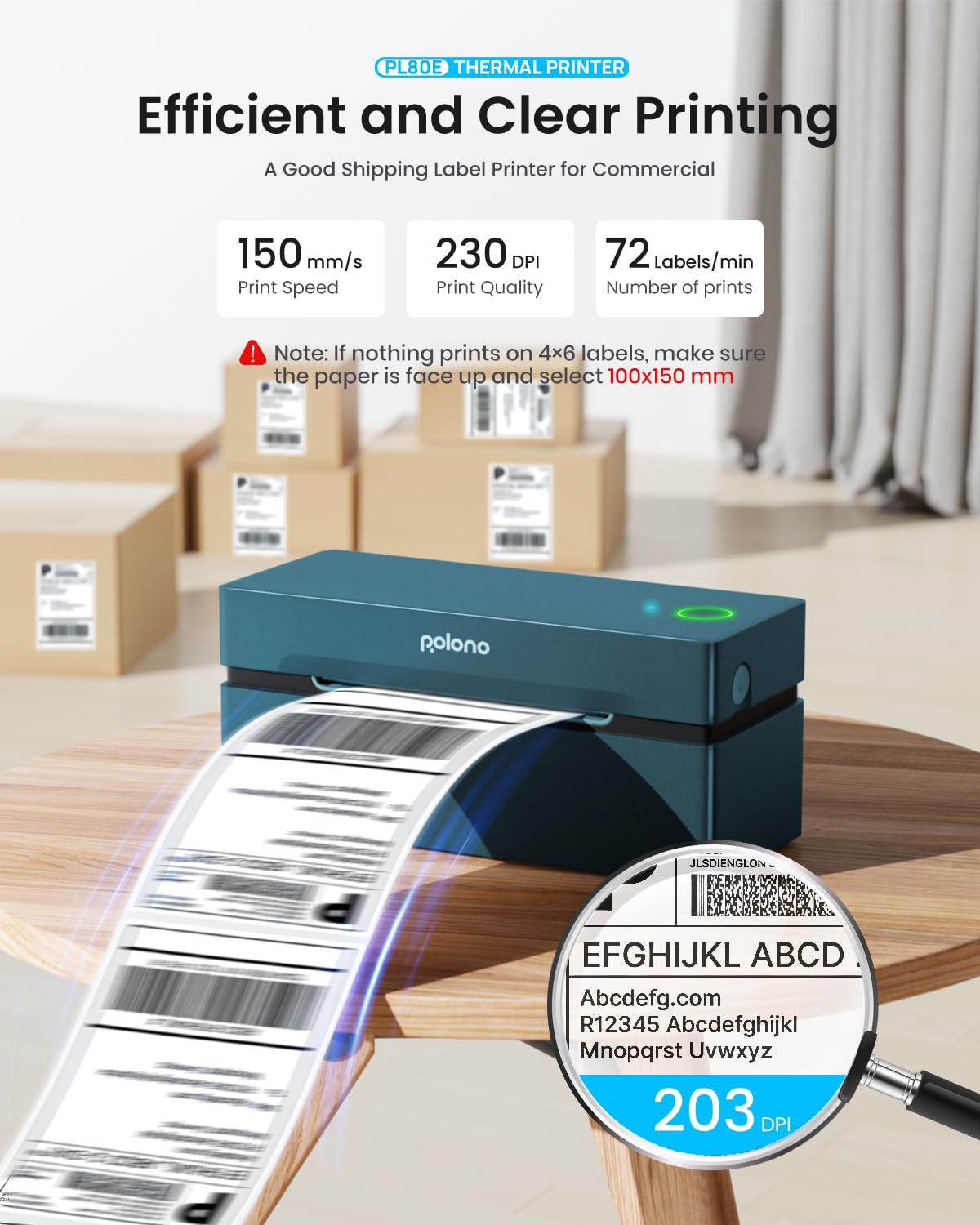 POLONO Bluetooth Thermal Shipping Label Printer, 4x6 Thermal Label Printer Blue