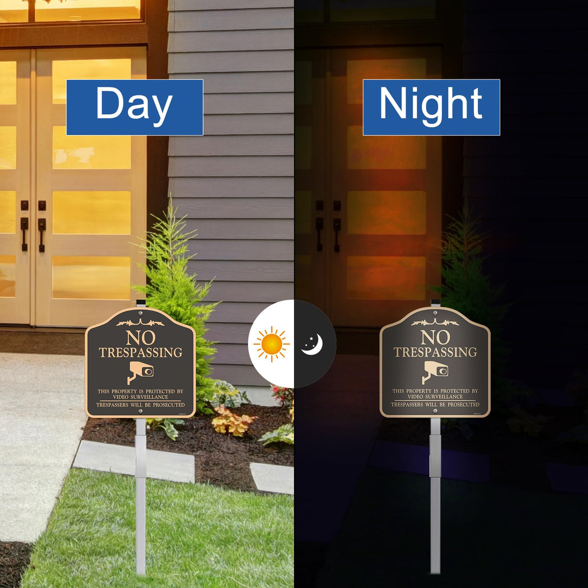 (2 Pack) Large No Trespassing Sign, Video Surveillance Signs Outdoor, Reflective, Metal, Aluminum, Includes Metal Yard Stakes for Easy Installation, 12x12 Inches