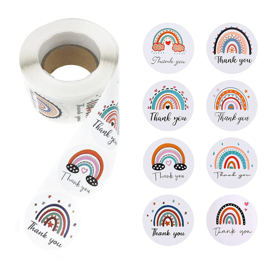 500 Pieces Rainbow Thank You Label Stickers 1.5 Inch Round Thanks Sticker Boho Adhesive Business Label Thank You Envelope Seals Stickers Decorative Sticky Label for Card Box Packing Bag, 8 Styles