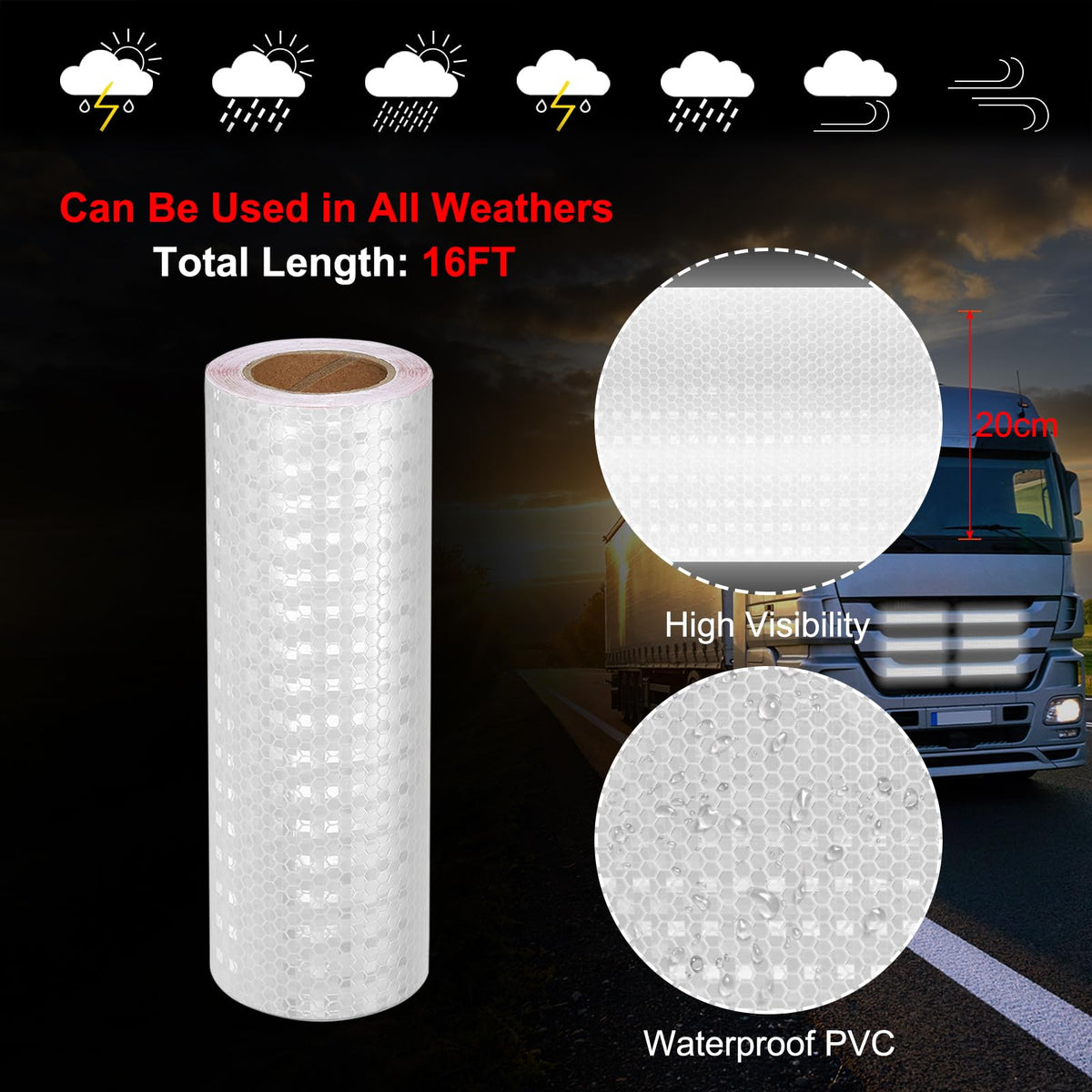 MECCANIXITY Reflective Tape, 8 Inch x 16 ft Self-Adhesive Trailer Reflector Tape Waterproof Warning Safety Sticker High Visibility Night Reflectors, White 8 Inch x 16 Feet