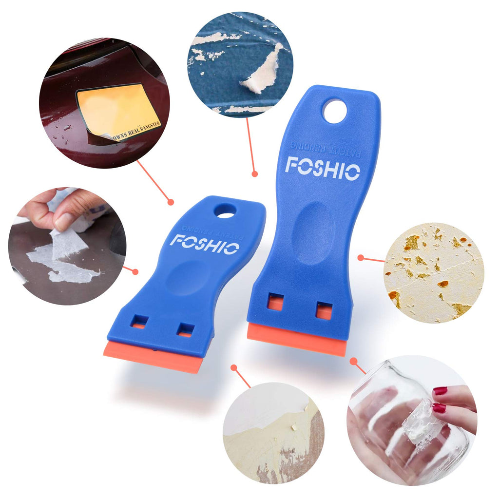 FOSHIO plastic razor blade scraper set with 2 tools and 100 blades for removing stickers, decals, and adhesive from glass and windows.