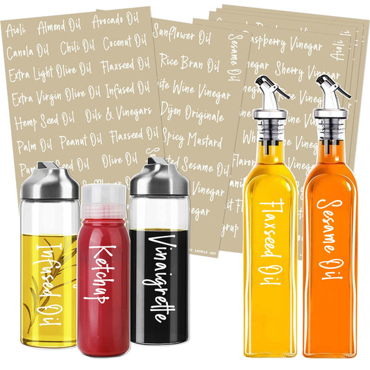 138 Oil and Vinegar Labels for Bottles, Prefdo White Script Clear Preprinted Condiments Stickers for Squeeze Dispensers Kitchen Pantry Organization, Waterproof & Oil-Proof Oils1