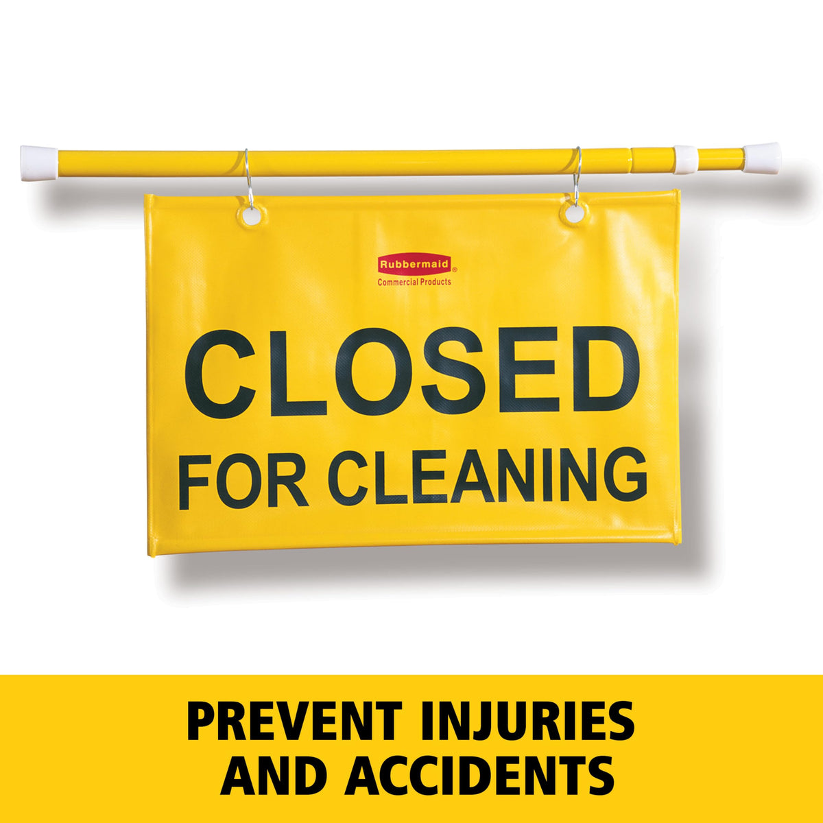 Rubbermaid Commercial Products Heavy Duty Extend-to-Fit, Multilingual "Closed For Cleaning" Hanging Doorway Safety Sign, Yellow, for Office/Restroom/Restaurant/School/Hospital/Hotel English Only
