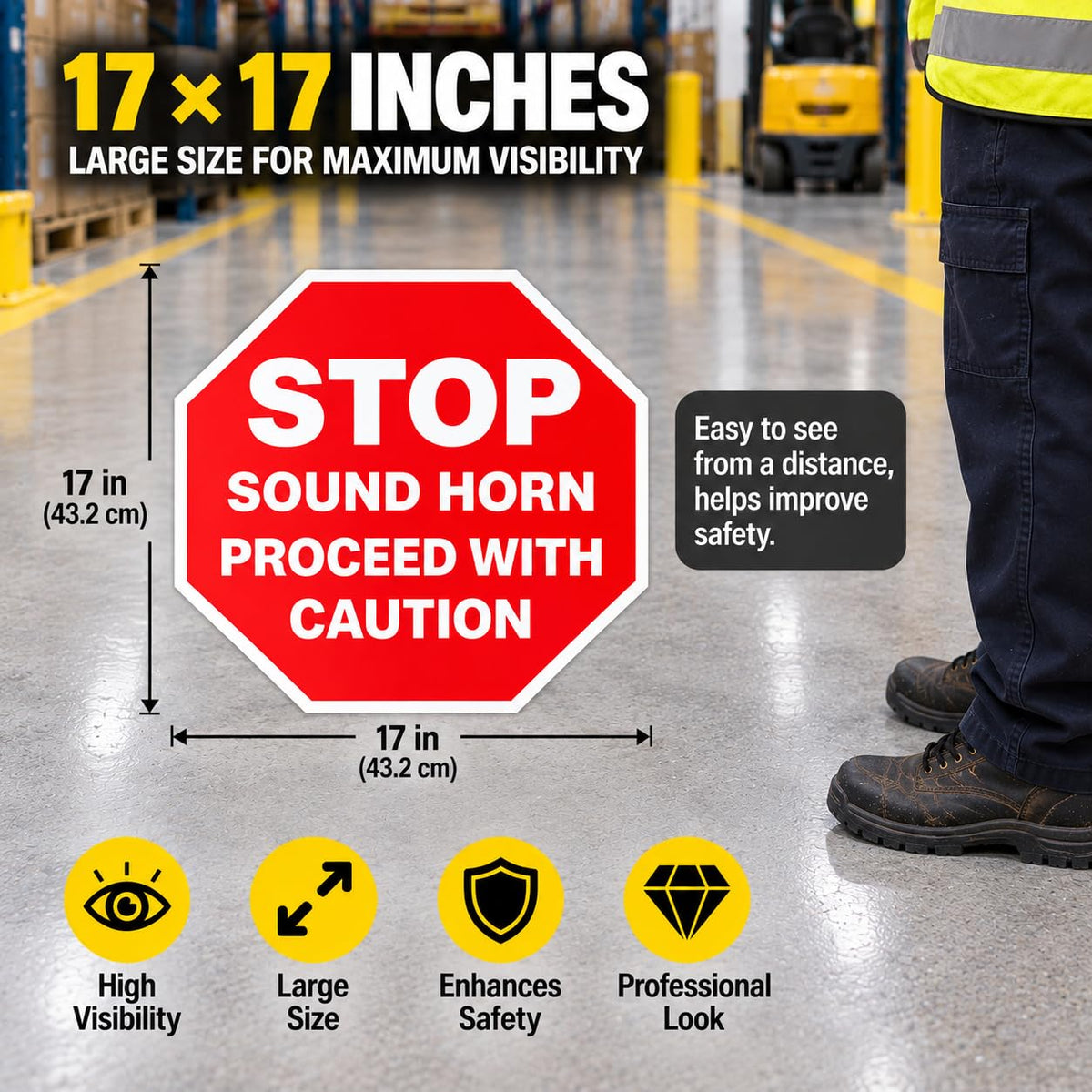 5 Pack Stop Sound Horn Proceed With Caution Stickers 17 × 17 Inches