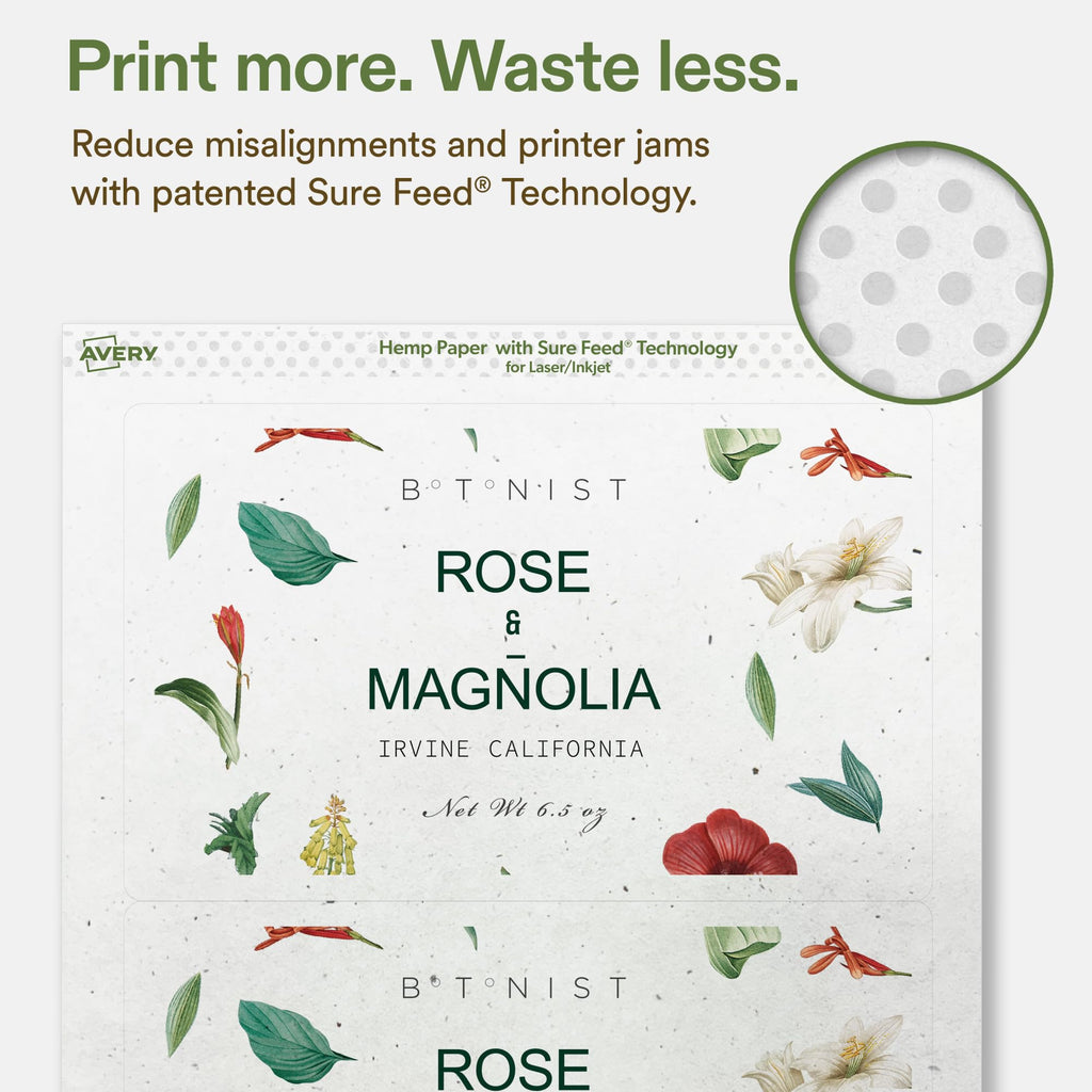 Avery® Printable Rectangle Hemp Labels, Sure Feed® Technology, 5" x 8-1/8", Off-White, Laser & Inkjet Compatible, 40 Total, Great for Product Branding, Packaging, and More 40 Labels