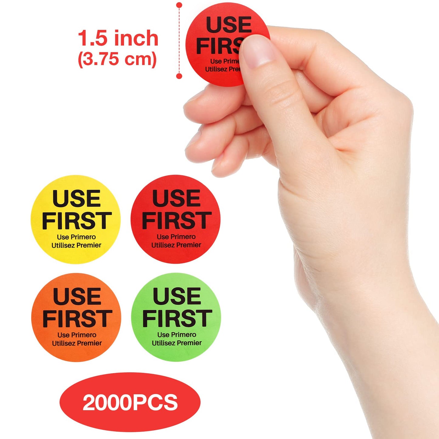 Epakh 2000 Pcs Use First Stickers Food Service 1.5 Inch Inventory Control Labels for Restaurant Permanent Adhesive Food Circle Dot Label Paper(Red, Green, Orange, Yellow with Black Text) Red, Green, Orange, Yellow