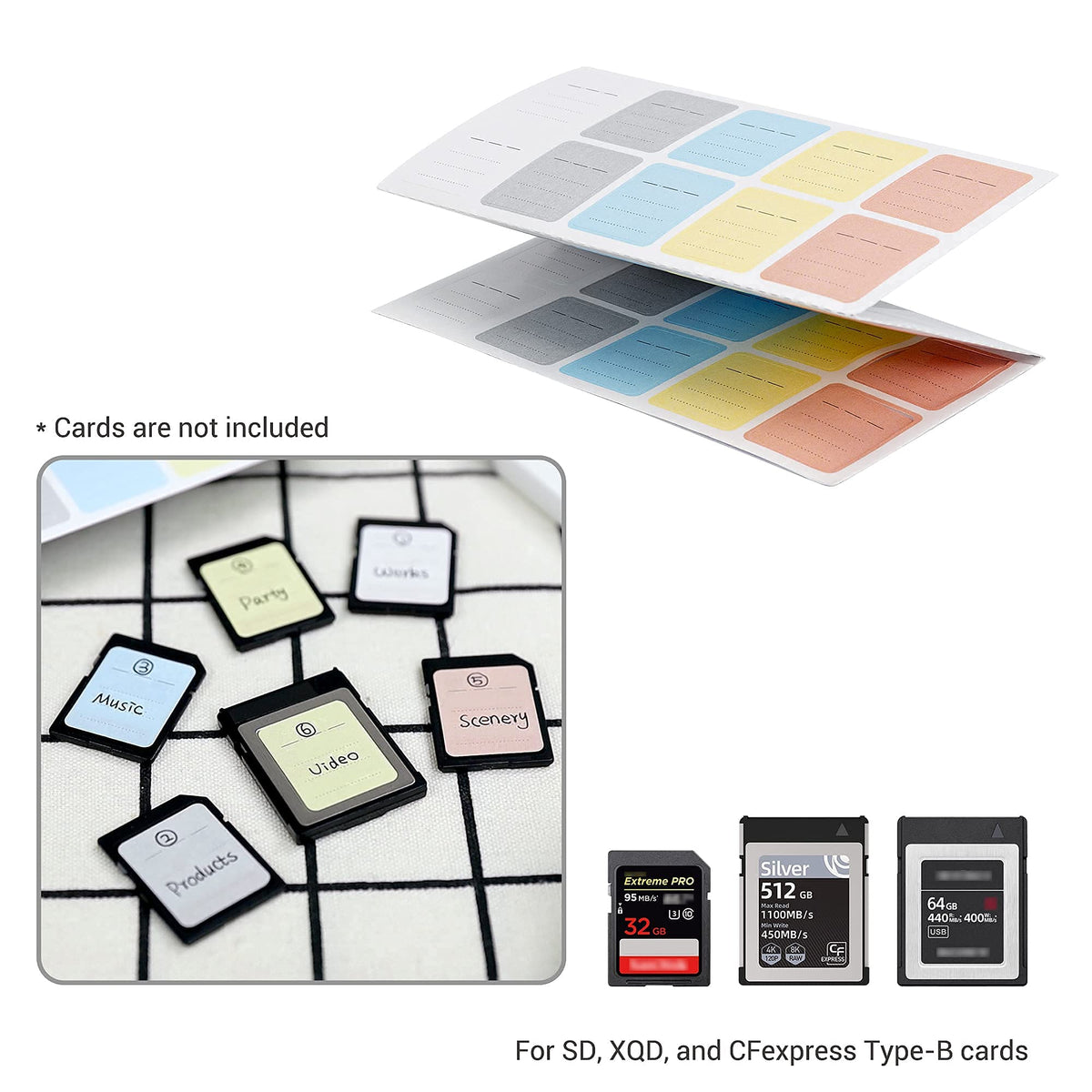 Kiorafoto 120-pack printable sticker labels for SD, microSD, XQD, CF, and USB flash drives for easy data organization.