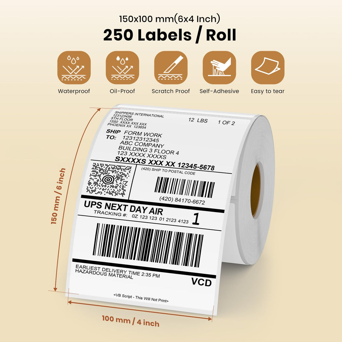 White Thermal Labels 4 × 6 Inch Waterproof Vinyl Stickers 250 PCS White